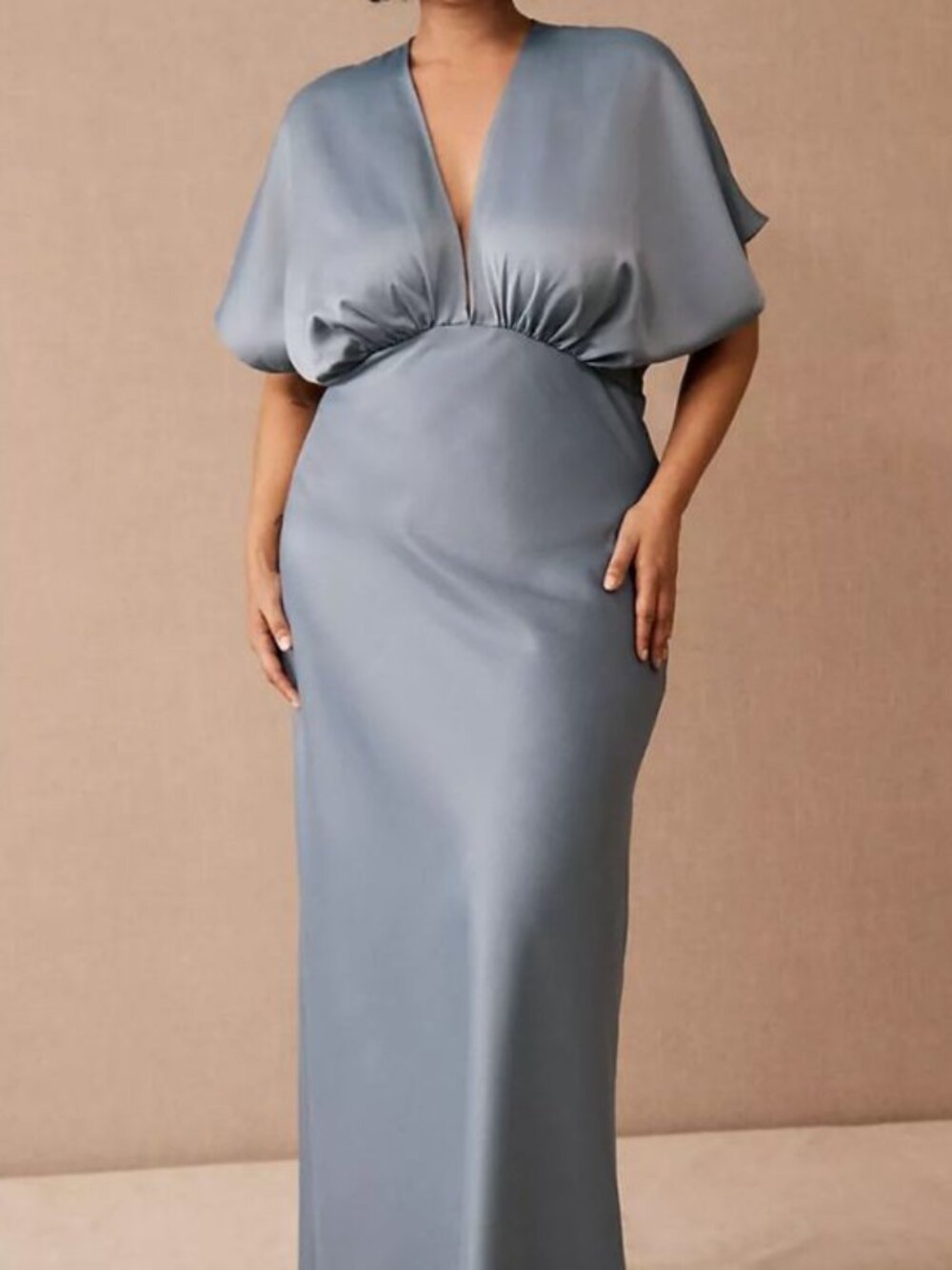 BHLDN Anthropologie Leila Satin Charmeuse Deep-V Maxi Gown Dusty Blue | Size 16W